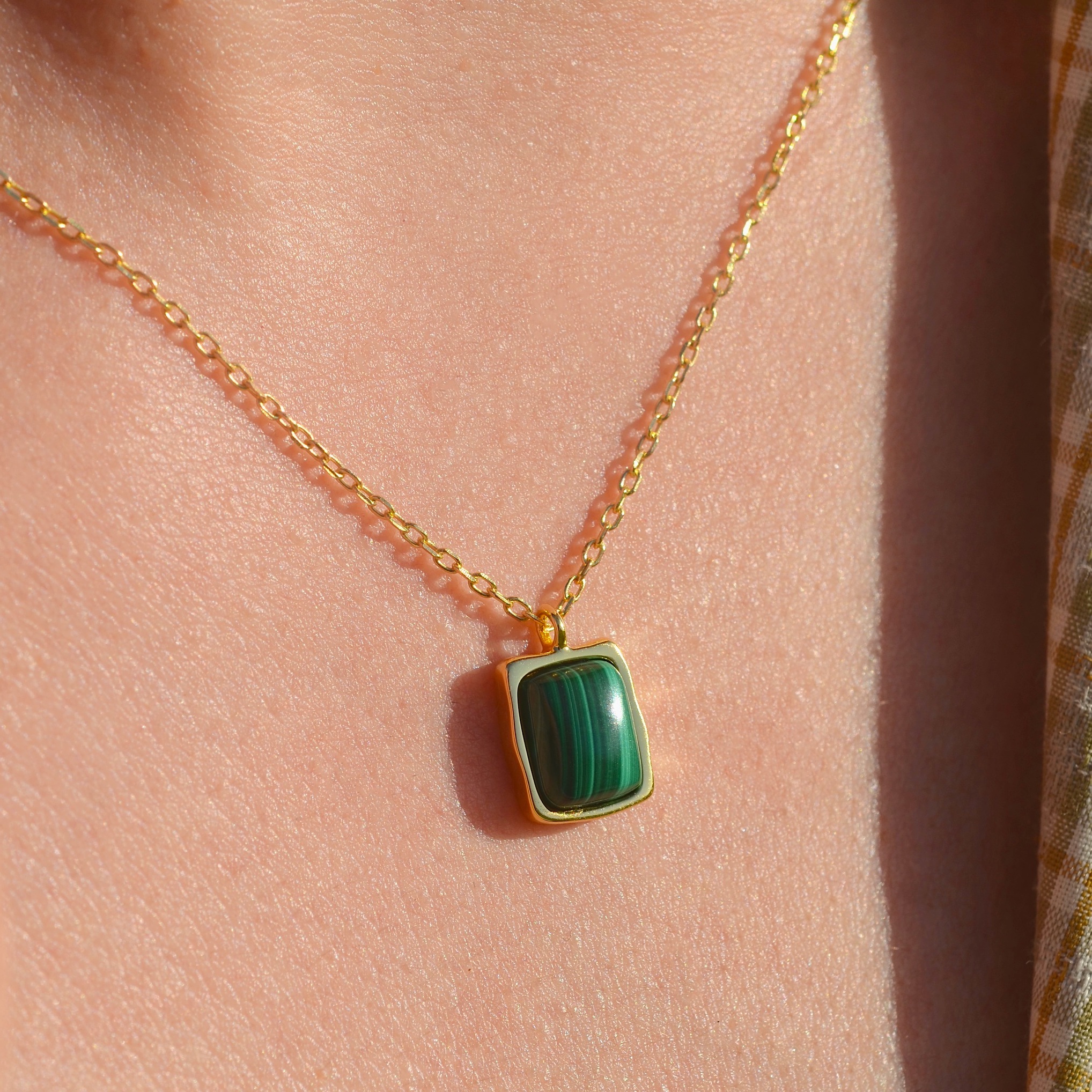 Vintage Baguette Malachite Gold Plated Pendant Necklace