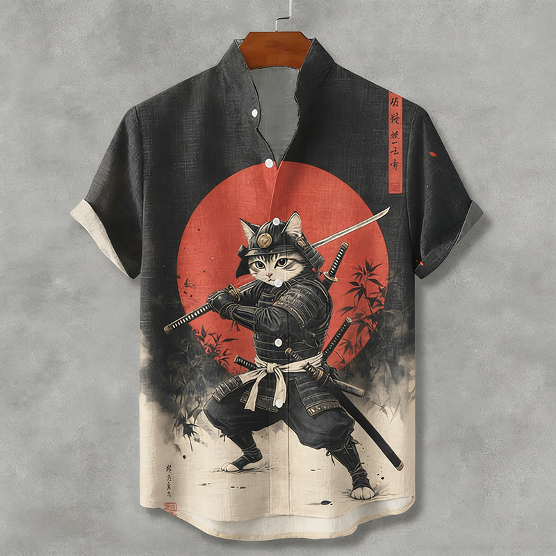 Men's Vintage Retro Japanese Samurai Cat Art Short Sleeve Shirt elevenforest