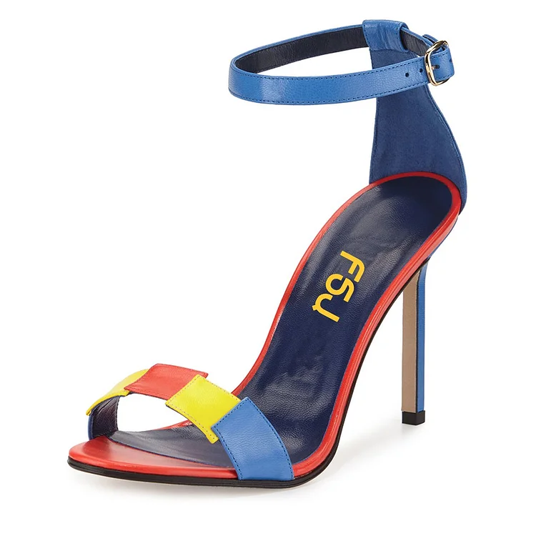 Esther Blue Colorful Open Toe Stiletto Heels Ankle Strap Sandals |FSJ Shoes