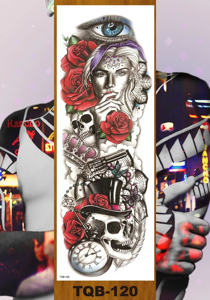 Full Flower Arm Temporary Tattoo Sticker Man Woman Body Leg Fake Tatoo Skull Night Demon Grim Reaper Good and Evil Waterproof