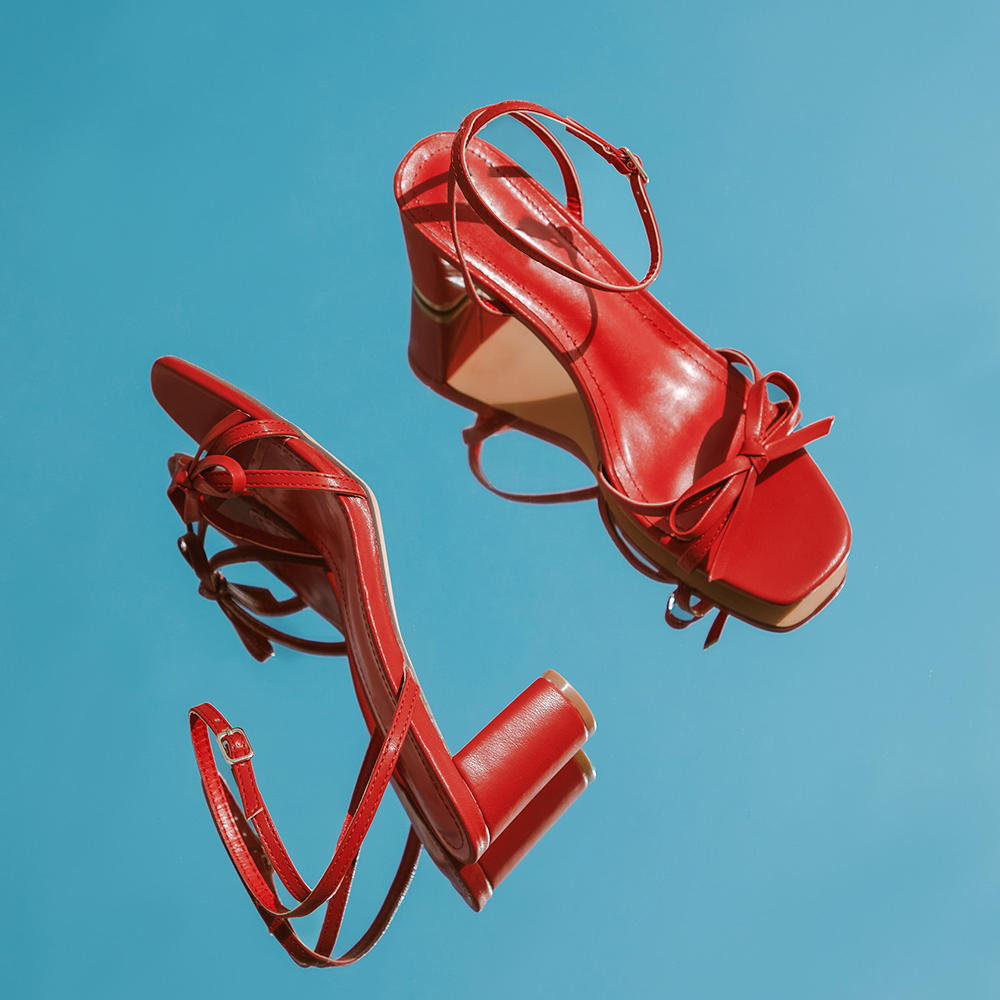 Red Vegan Leather Open Toe Chunky Heel Ankle Strap Sandals Nicepairs