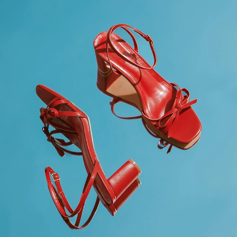 Red Vegan Leather Opened Toe Ankle Strappy Sandals With Chunky Heels Nicepairs