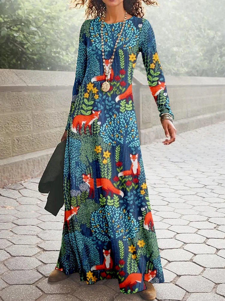 VChics Fox in the Forest Graphic Vintage Cozy Maxi Dress