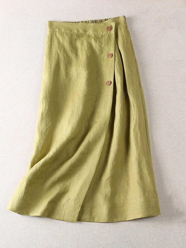 Pure Color Elastic Waist A-Line Casual Linen Skirt
