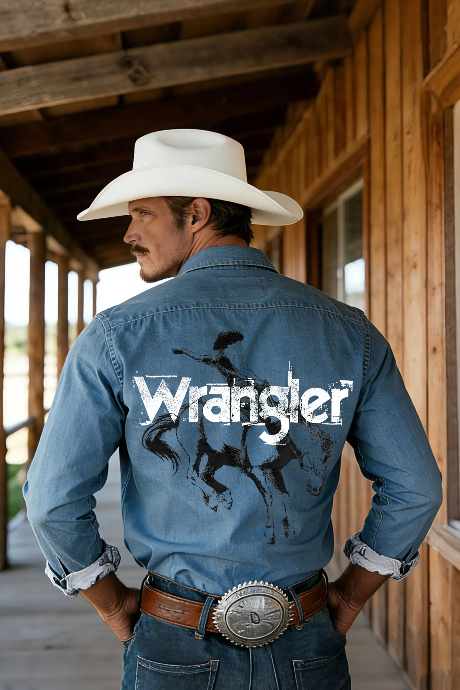 Western-Inspired Denim Shirt With Bold Horse Rider Graphic