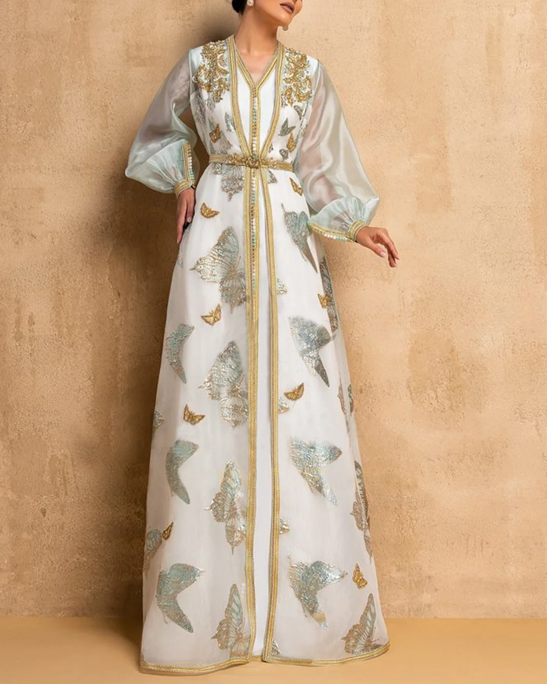 Beaded-panel embroidered mesh dress