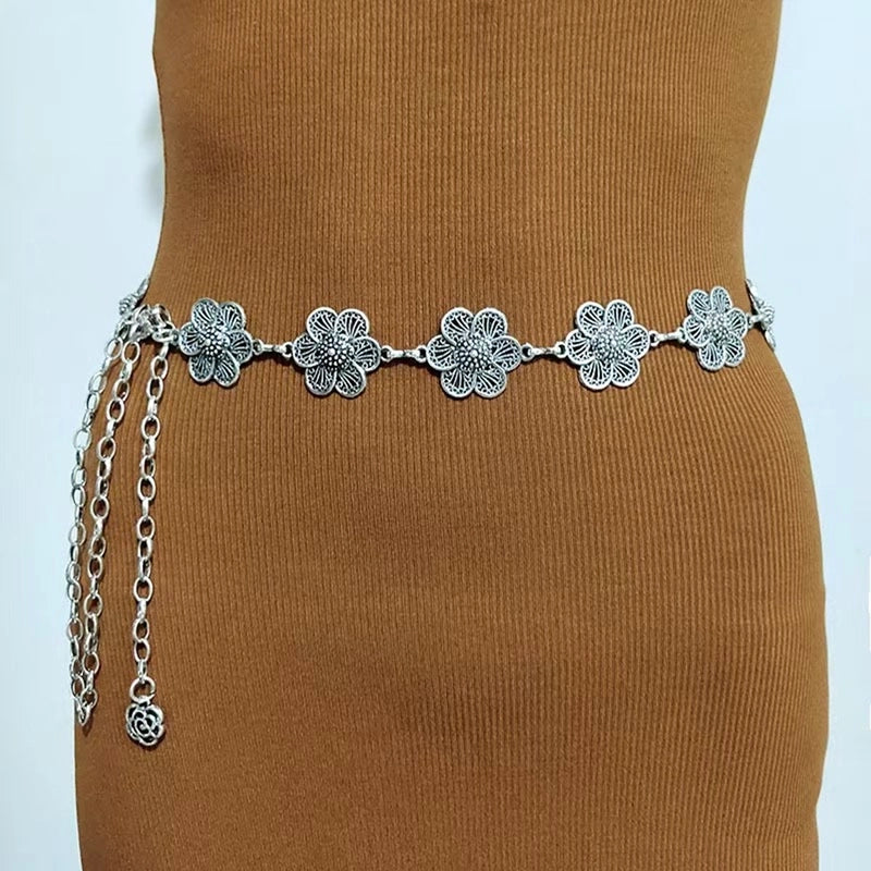 Retro New Fashion Elegant Antique Silver Carved Petal Waist Chain Ladies Retro Metal