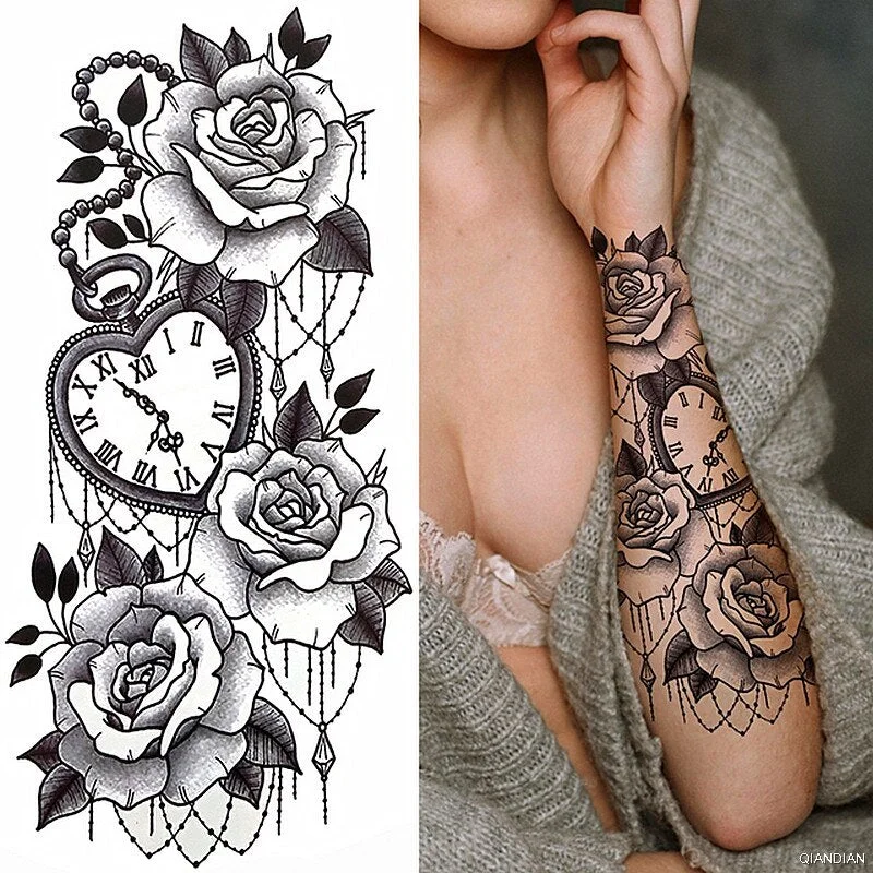 Black Sexy Flower Temporary Tattoos Sticker Arm Sleeve Rose Tree Skull Lion Bear Snake Henna Body Decorate Fake 3D Women Totem