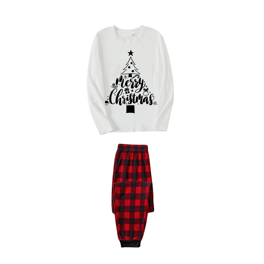 Christmas Tree Pattern "Merry Christmas" Monogram Print White Long Sleeve Top with Vintage Red and Black Large Plaid Pants Family Matching Pajamas