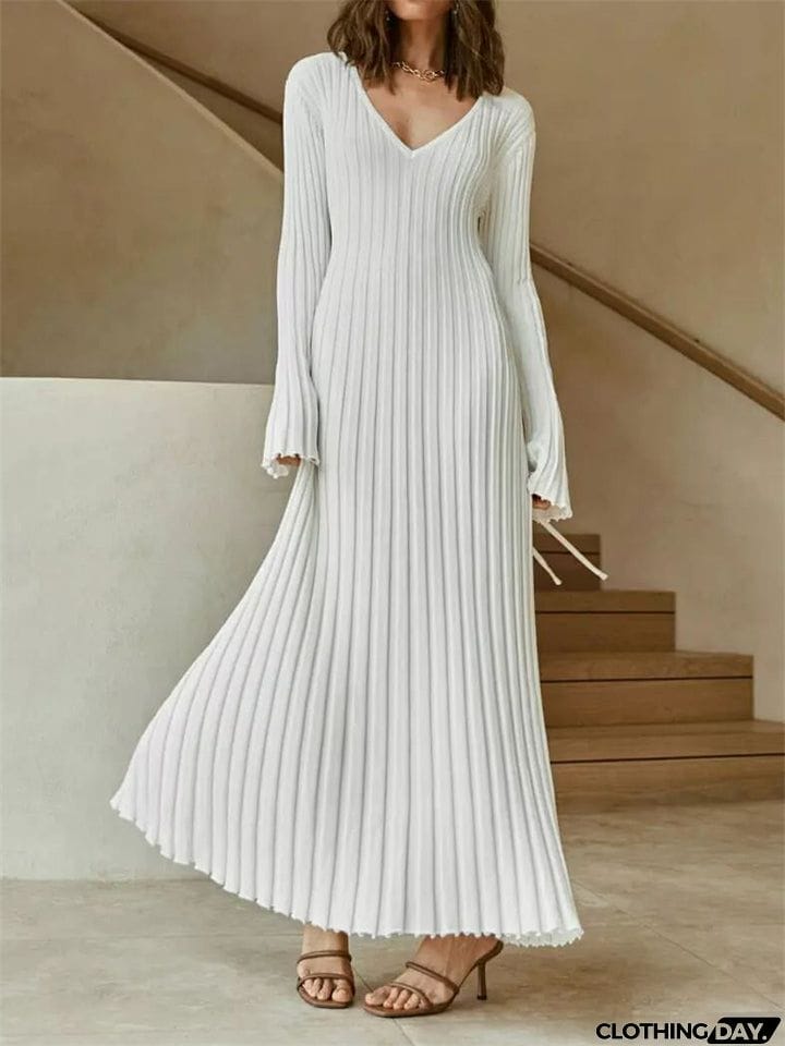 Winter Casual Sexy V Neck Ribbed Slim Knitted Lady Dress