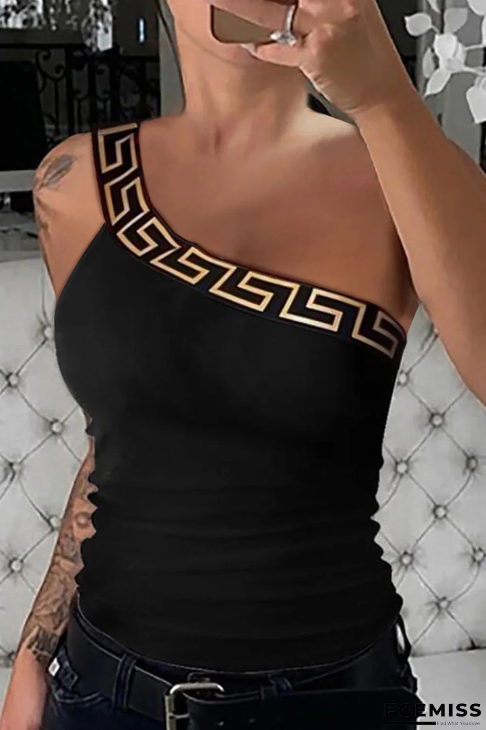 Black Sexy Print Patchwork Oblique Collar Tops | EGEMISS