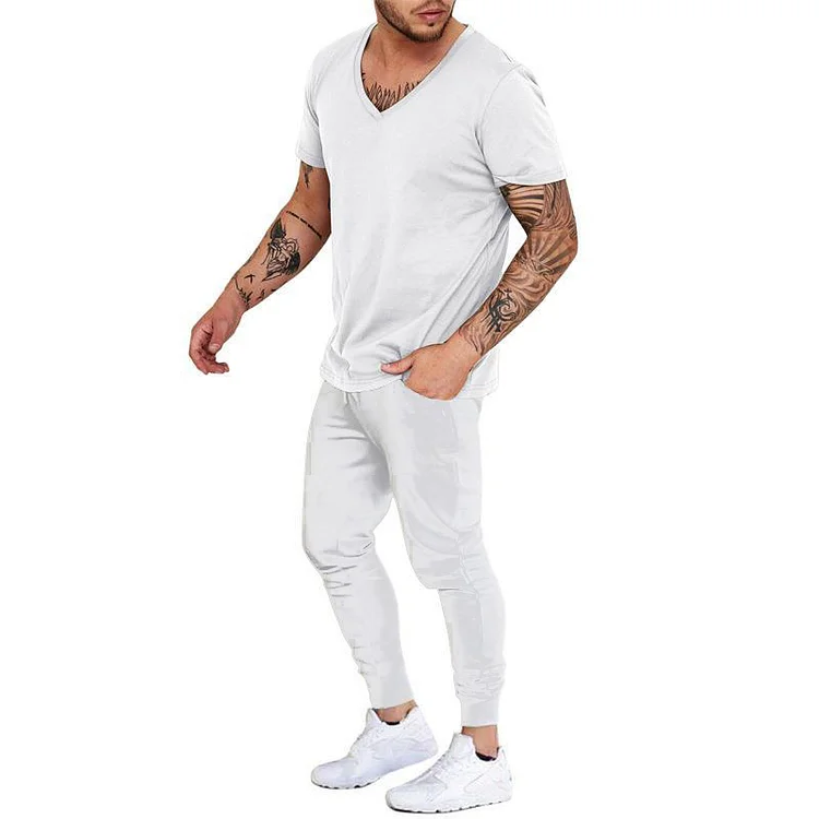 BrosWear Basic Casual Solid Color V Neck T-Shirt And Pants Co-Ord