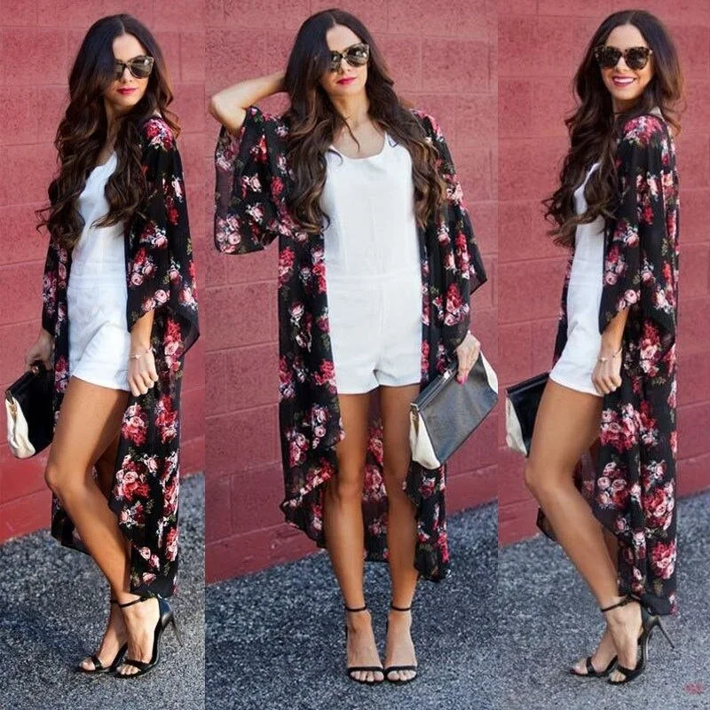Summer Women Boho Floral Cover ups Open Cape Casual Coat Loose Long Sleeve Cover ups