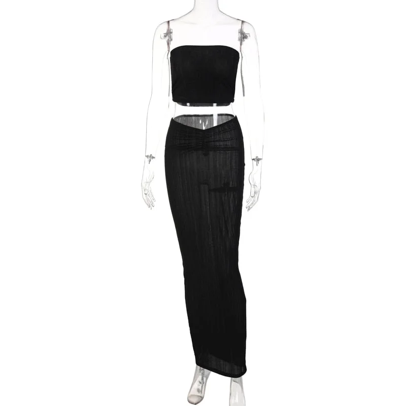 Hugcitar Solid Strapless Tube Crop Top Ruched Maxi Dress 2 Pieces Bodycon 2022 Summer Women Outfit Streetwear Party Y2K Vendor