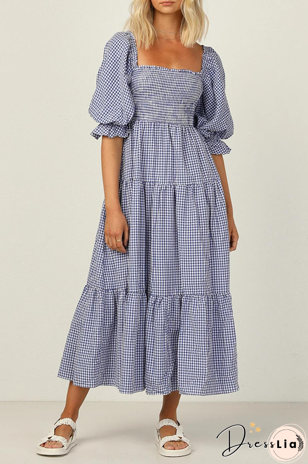 Fashion Casual Plaid Flounce Fold Square Collar Dresses