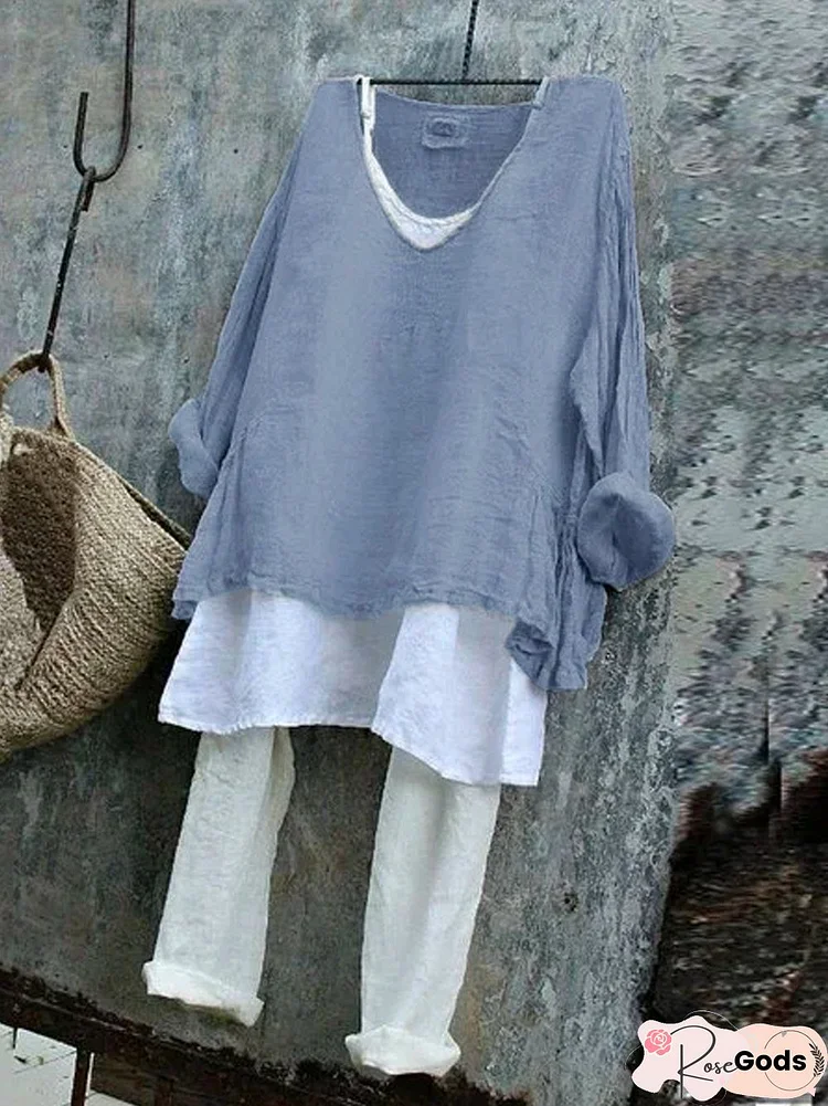 Women Plus Size V Neck Long Sleeve Blouse