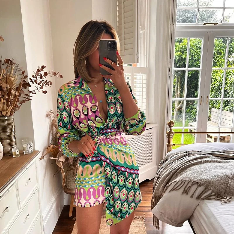 Women Vitange Pattern Print Boho Shirt Dress Female Fashion Lapel Long Sleeve Lace Up Robe 2022 Summer High Slit Loose Dresses