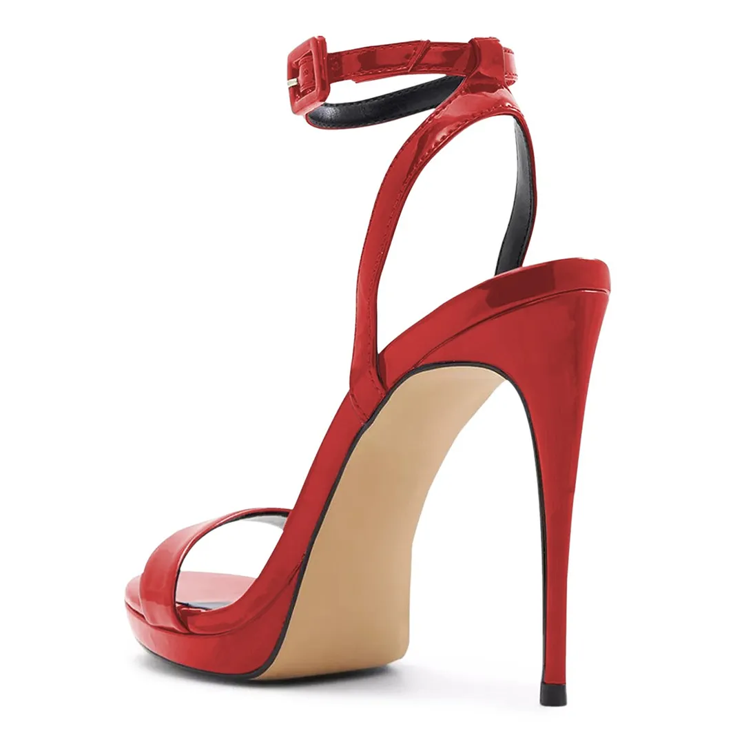 Red Round Toe Stiletto Heel Buckle Platform Ankle Strap Sandals