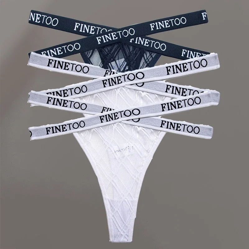 FINETOO 3PCS/Set Women's Letter Lace Mesh G-string Sexy Cross Strap Panties Midi Waist Underwear Thongs Femme Hollow Out Panties