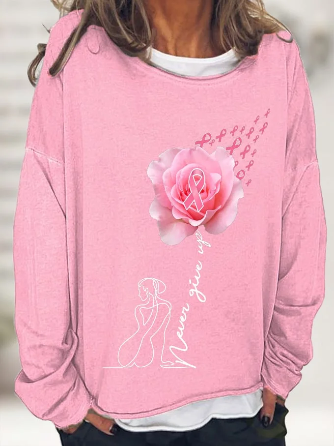 Women's Never Give Up Breast Cancer Rose Women Print Long Sleeve Top socialshop