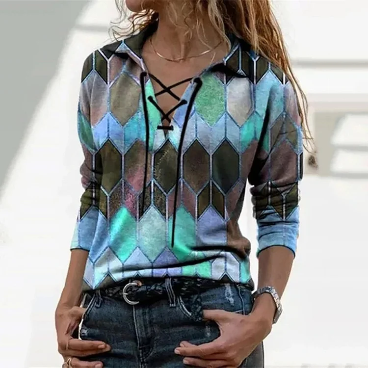 Loose Printed Long-Sleeved Tie V-Neck T-Shirt