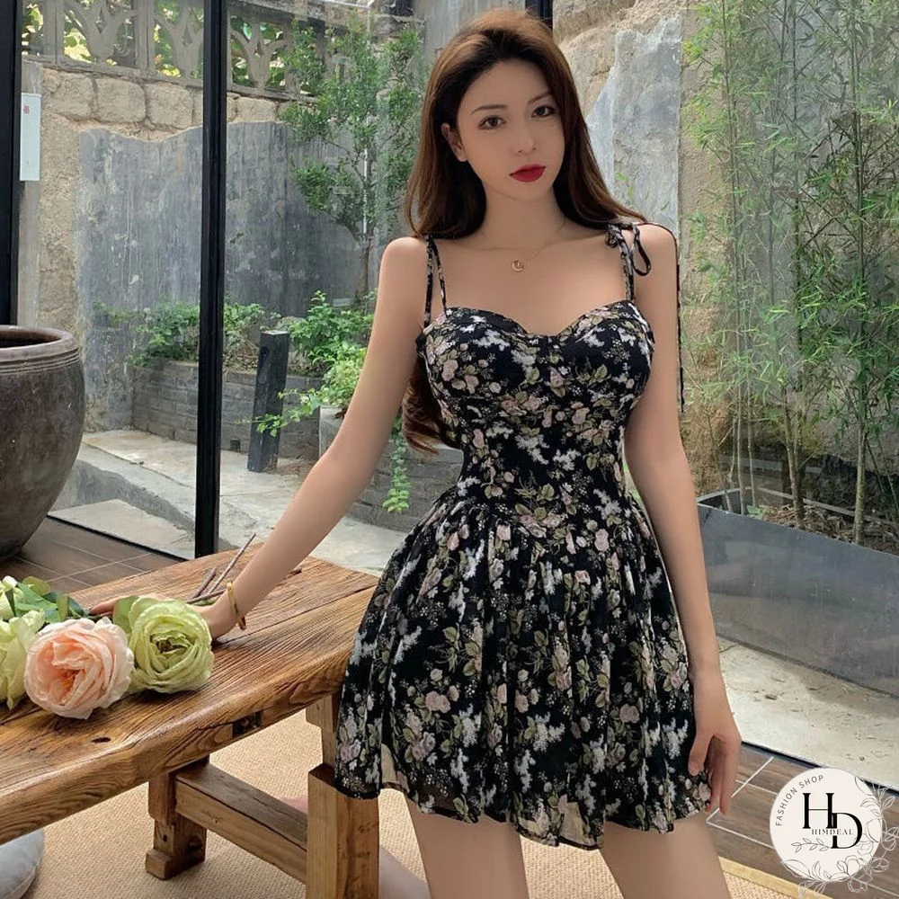 Dress Women Chiffon Mini Lovely Feminino Retro Floral Summer Holiday Draped Sleeveless Stylish Korean Style Temperament Cozy Ins