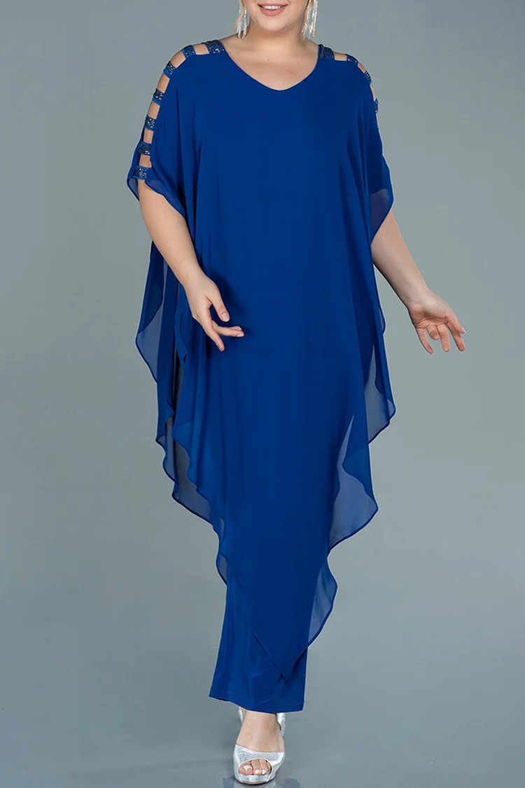 Flycurvy Plus Size Mother Of The Bride Royal Blue Chiffon Beaded Batwing Sleeve Two Pieces Pants Suit  Flycurvy [product_label]