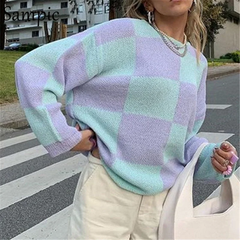 Sampic Casual Winter 2021 Plaid Women O Neck Pullovers Knitwear Y2K Sweater Tops Loose Long Sleeve Oversized Sweater Jumpers