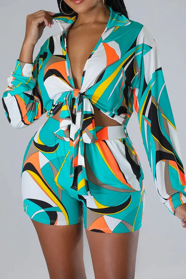 Abstract Print Tropical Tie Front Pant Suit