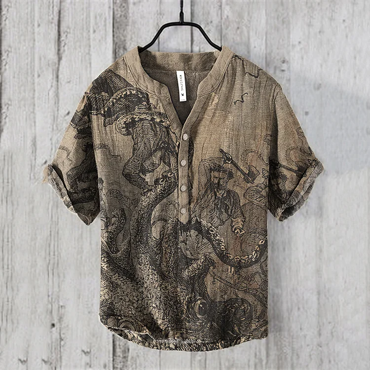 Vintage Japanese Art Print V-Neck Linen Blend Shirt