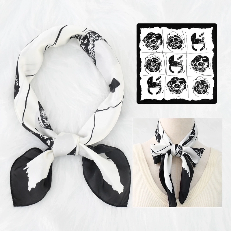 2 Pieces Women’s Elegant Plaid Flower Horse Satin Silk Scarf