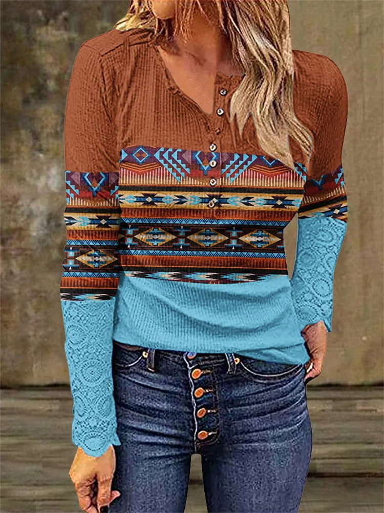 Western Aztec Patchwork Long Sleeve T Shirt