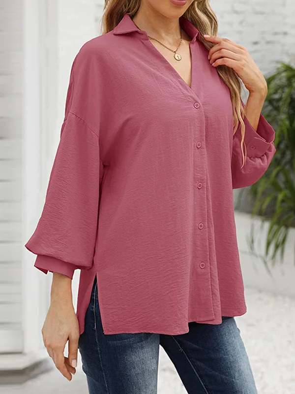 Loose Puff  Three-Quarter Sleeves Solid Color Lapel Blouses