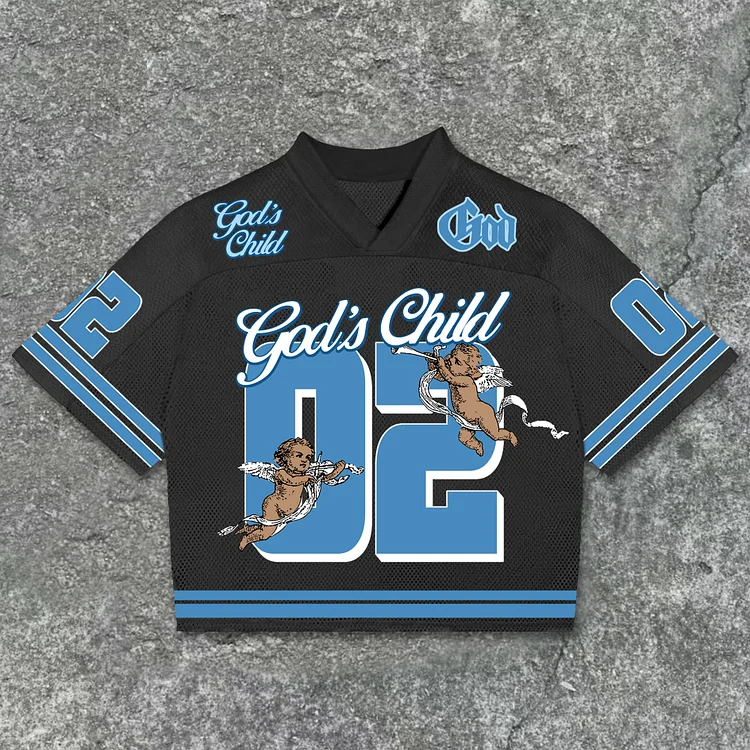 Simpfit Vintage God's Child Graphics Nr. 02 Blokette Blokecore Jersey Baumwoll-T-Shirt mit V-Ausschnitt
