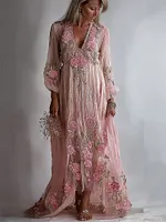 Boho Pink Roses Embroidered Flowy Linen Maxi Dress