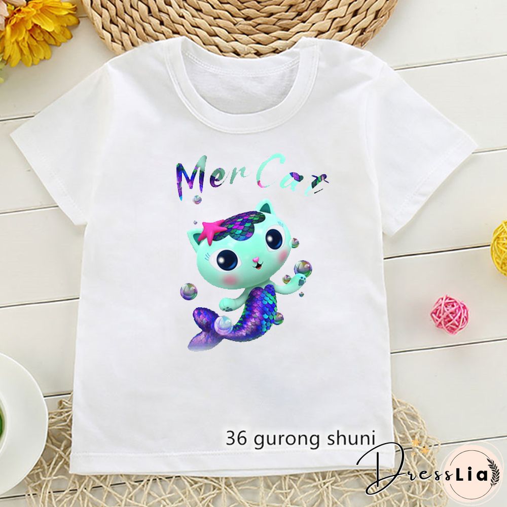 Kawaii Girls T Shirts Gabbys Doll House Cartoon Print Childrens Tshirt Summer Tee Girls Clothes White Camisole Tops