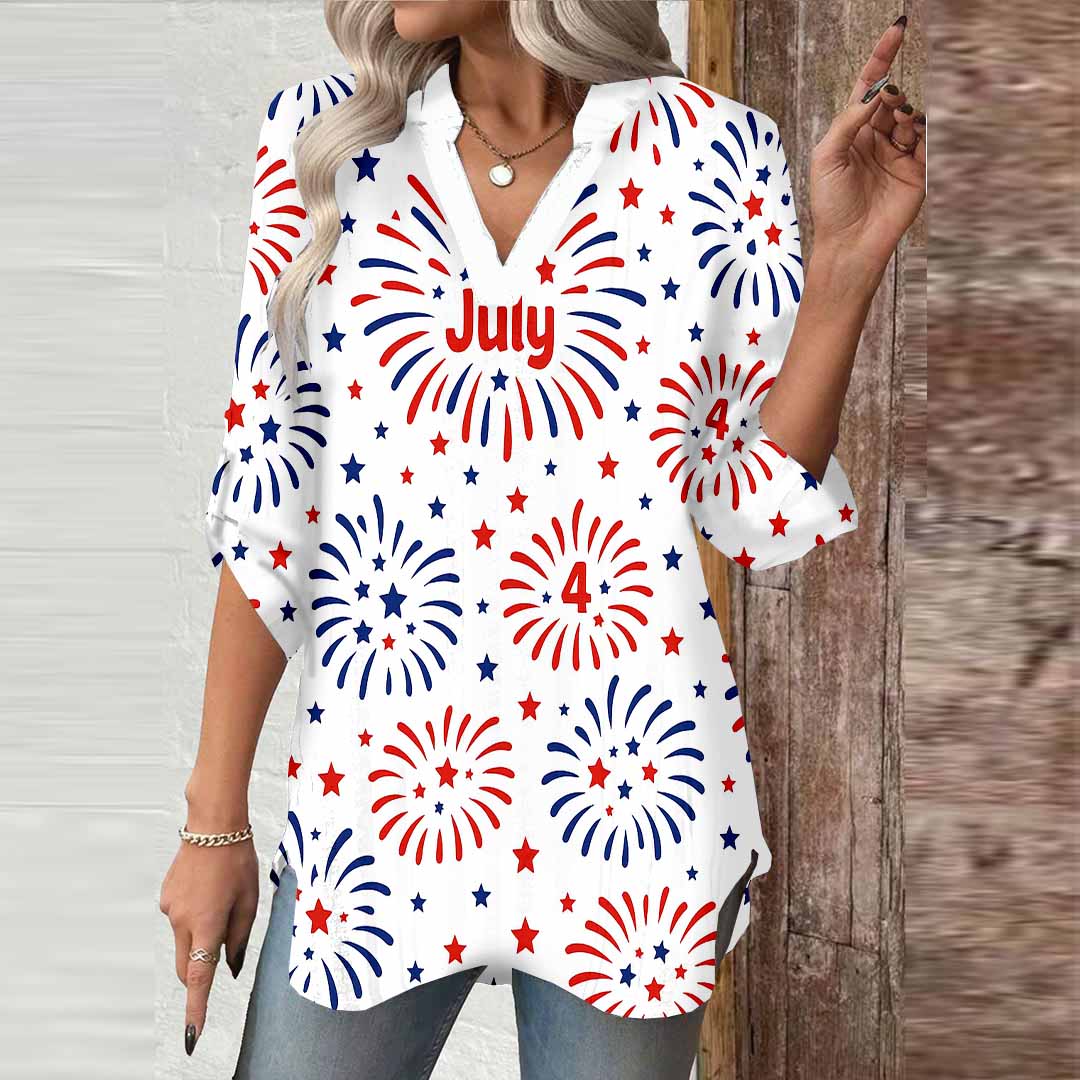 Women  Independence Day, Star, Striped, Blue, Red DZGA0234 3/4 Sleeve V-neck Printed Graphic Button Tops