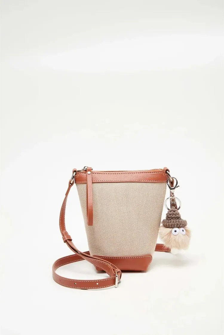 Beige and brown patchwork mini bucket bag