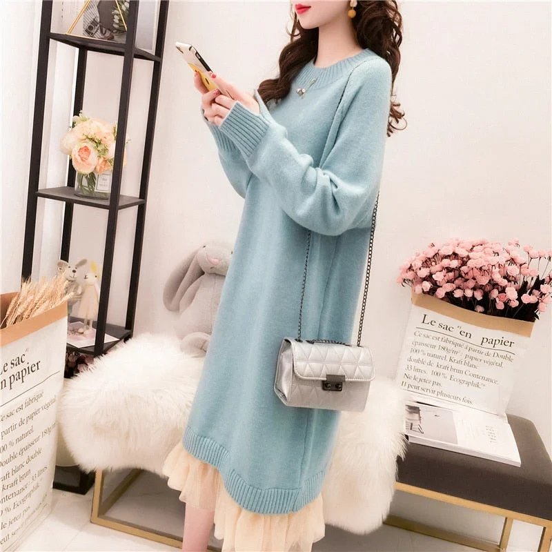 Casual Solid O-Neck Mid Length Over Knee Women's Woolen Dress 2021 New Fashion Loose Lace For Girls Spring Autumn Sweater Dress