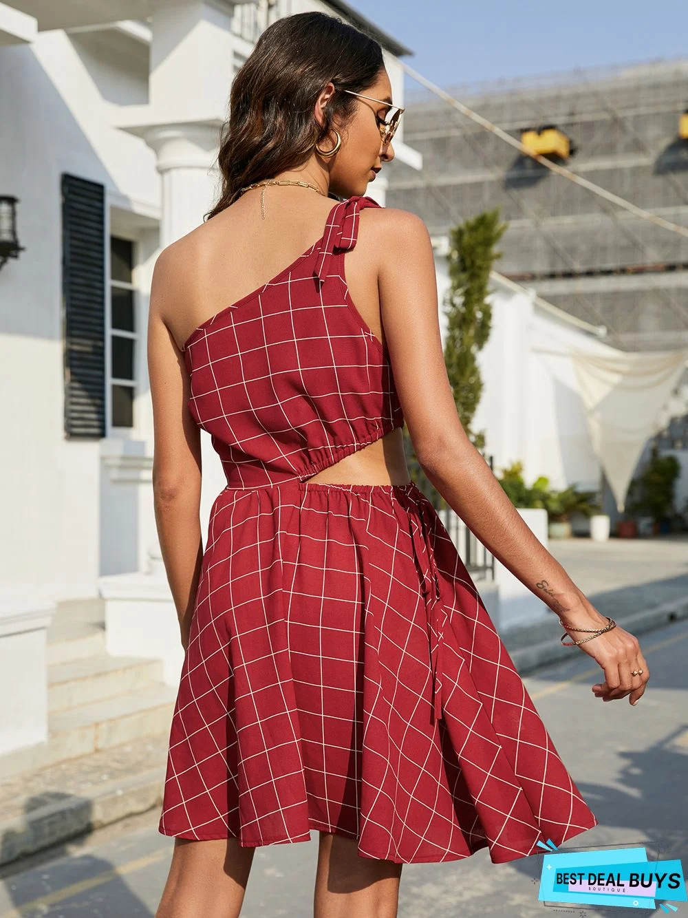 Plaid Shoulder Strap Openwork Elastic Waist Dress