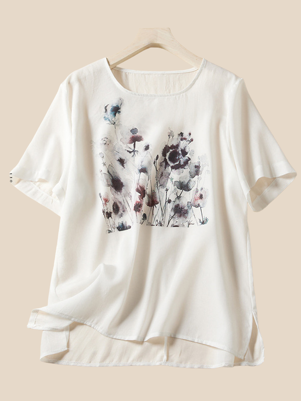 Women's Cotton Linen T-Shirt Vintage Floral Print U Neck Loose Casual Top