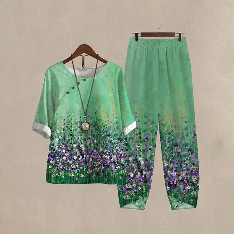 Comstylish Casual Crew Neck Canvas Floral Print Loose Two Piece Set