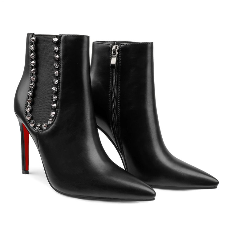 Women's Closed Pointed Toe Chain Studded Stiletto Ankle Boots Red Bottom Heels