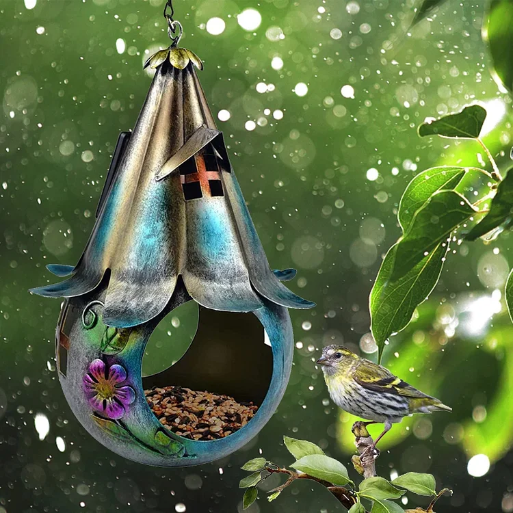 Iron Solar Powered Hanging Bird House LED Gift for Backyard Wild Bird Yard