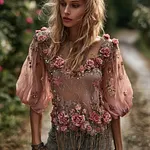 Women's Bohemian Rose Embroidery Lightweight Short Sleeve V-neck Top - Image 2