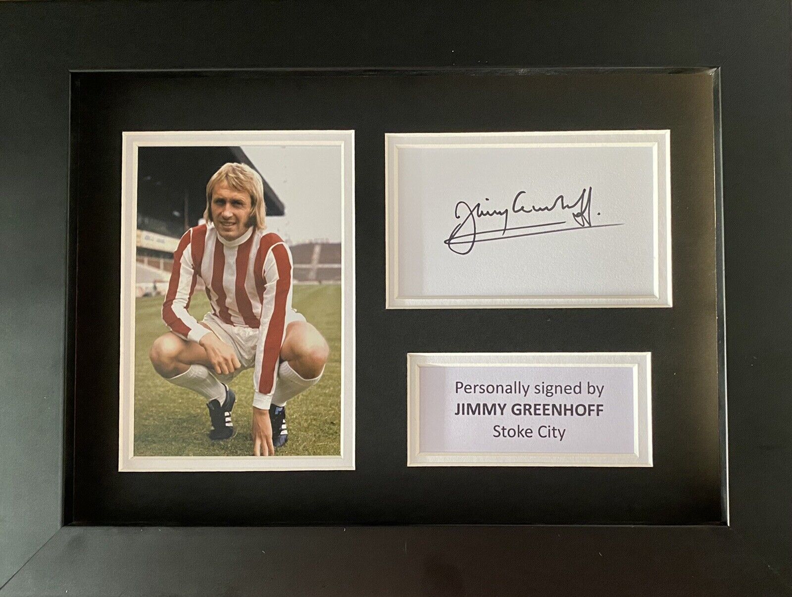 Jimmy Greenhoff Hand Signed White Card In A4 Stoke City Frame Display