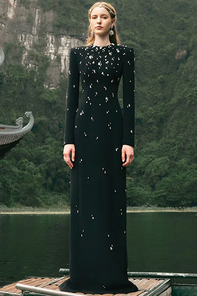 Rhinestone Embellished Long Sleeve Maxi Dress-Black