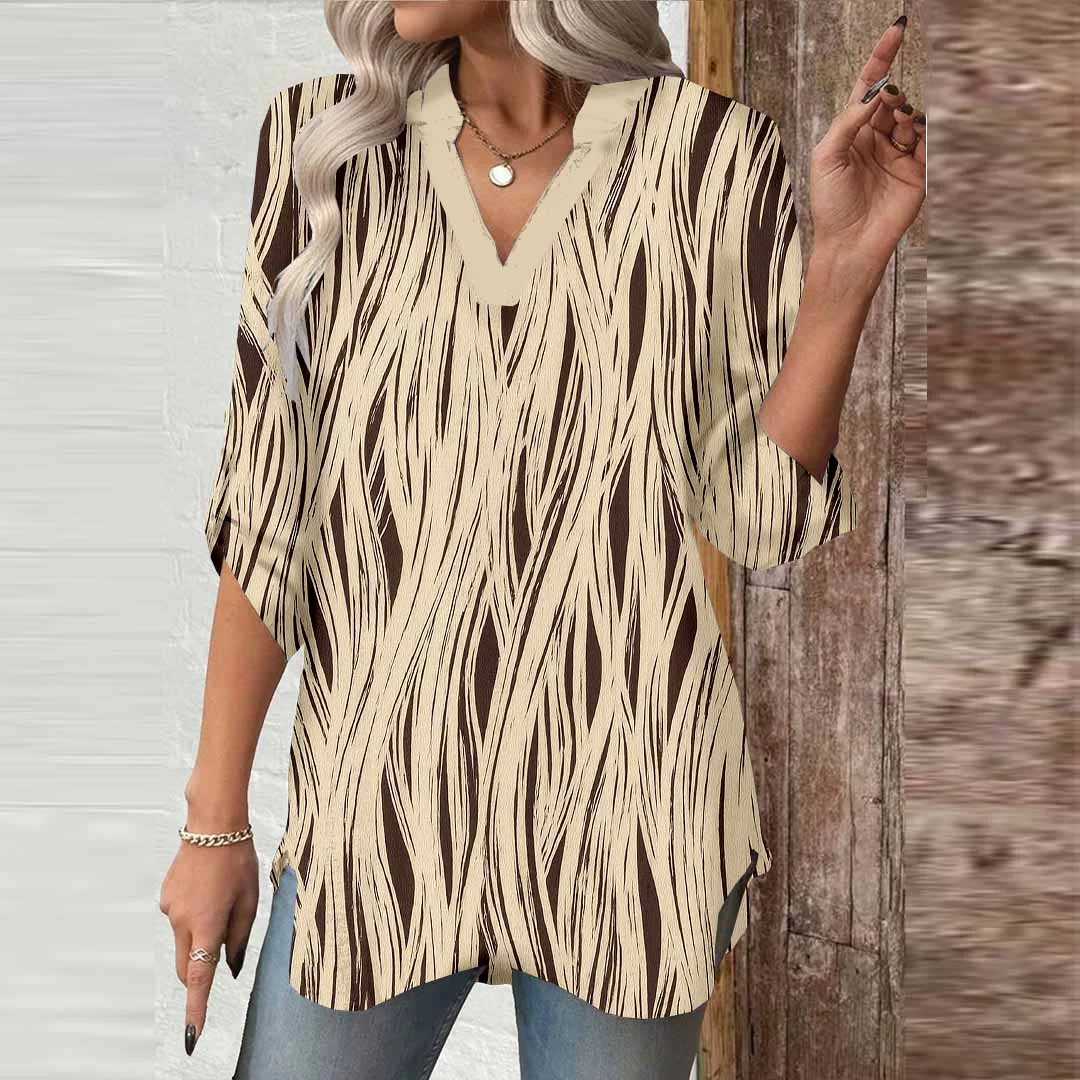 Women Striped, Black, Beige DZGA0472 3/4 Sleeve V-neck Printed Graphic Button Tops