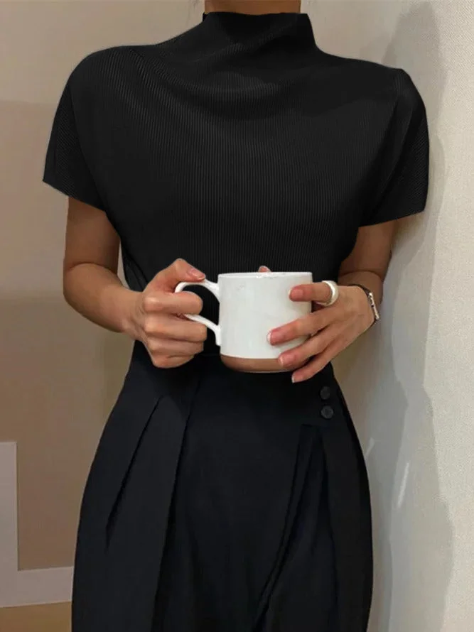 Loose Short Sleeves Solid Color Halter-Neck T-Shirts Tops