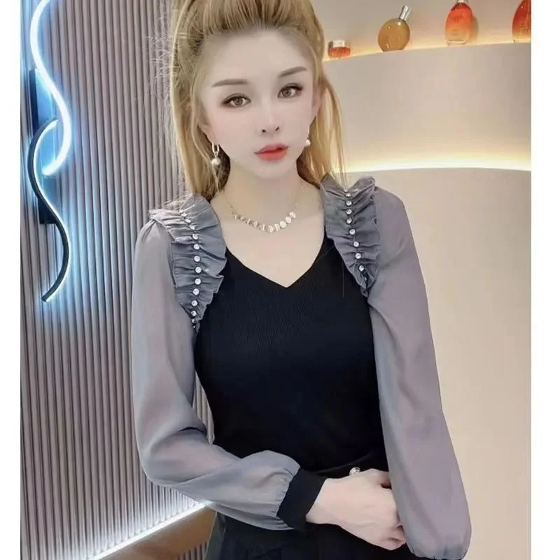 Wongn V-Neck Spliced Diamonds Folds Gauze Blouses Women's Clothing 2023 Autumn Winter New Elegant Tops Office Lady Shirts